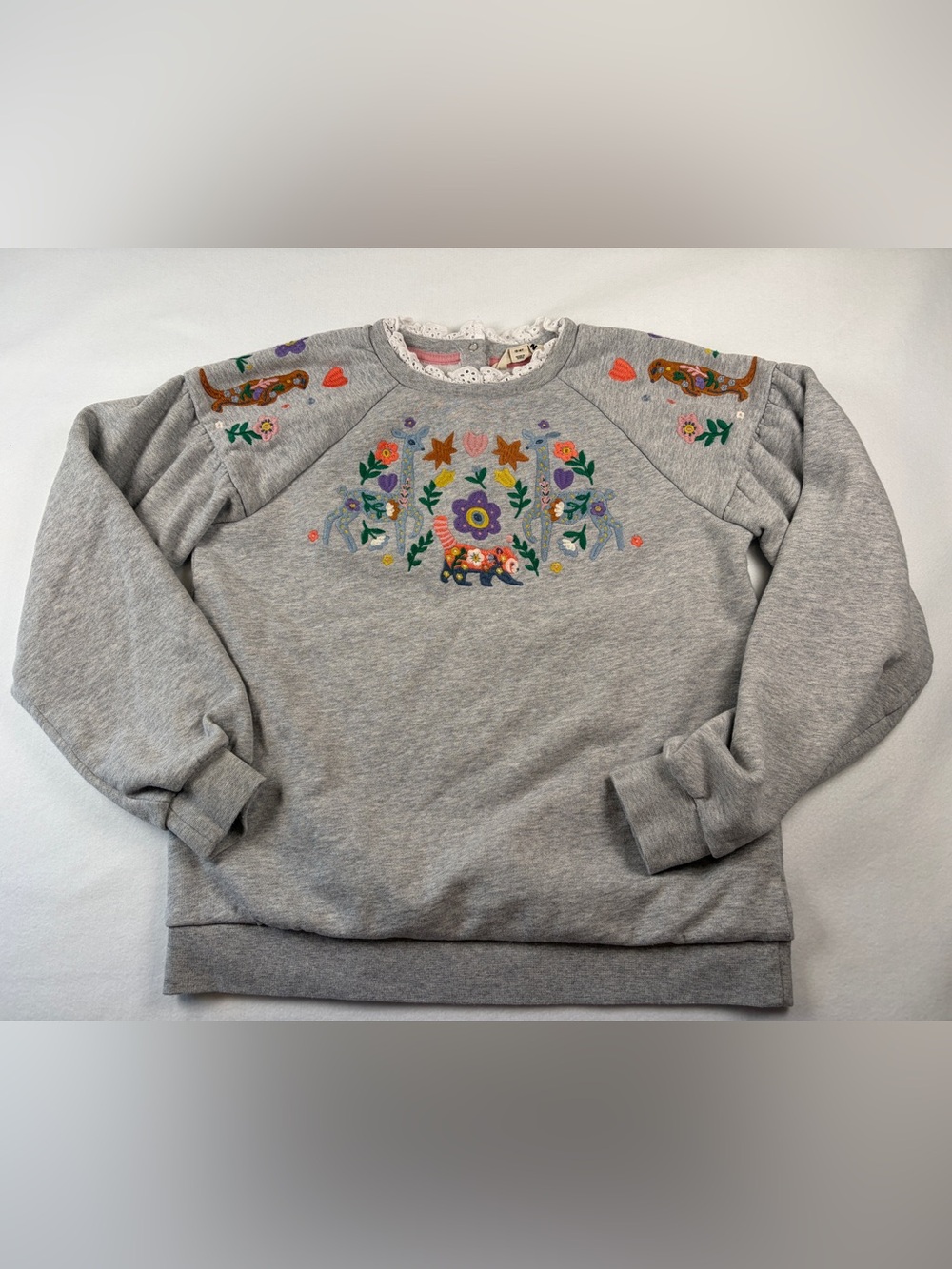 Mini Boden Girl Embroidered Sweatshirt 13-14Y Grey Marl Animals